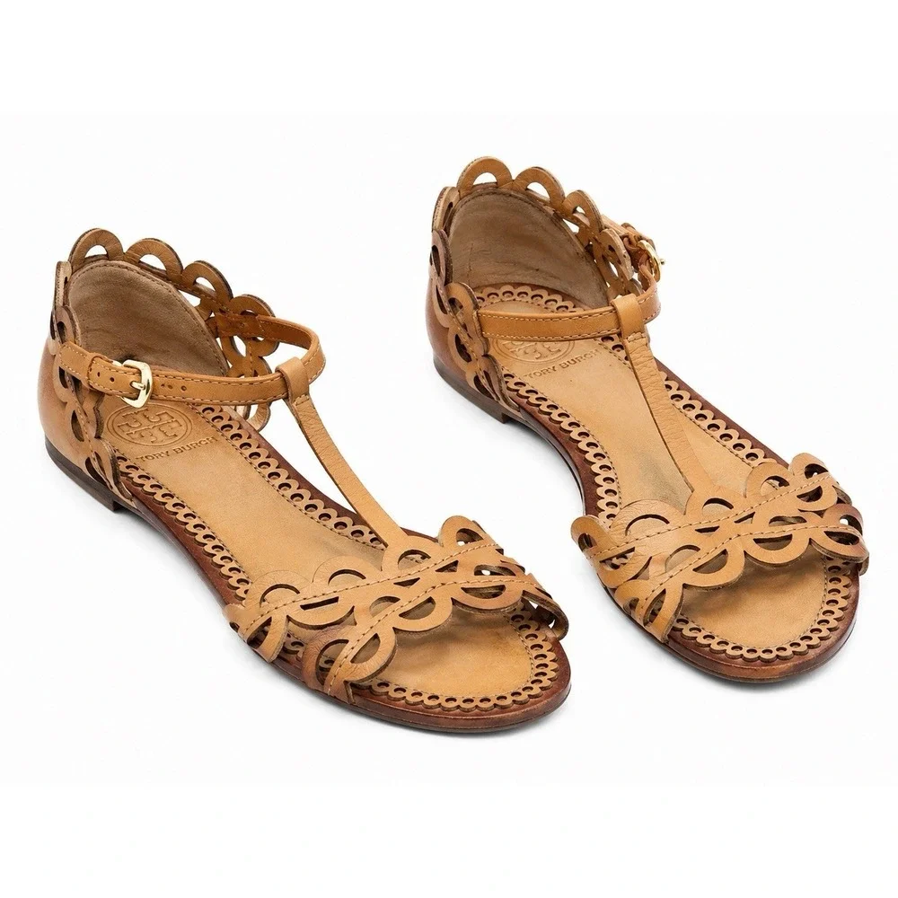 Tory Burch Aileen Flat Sandals Sz 5 Tan Scallop Boho Resort Leather Euro Summer